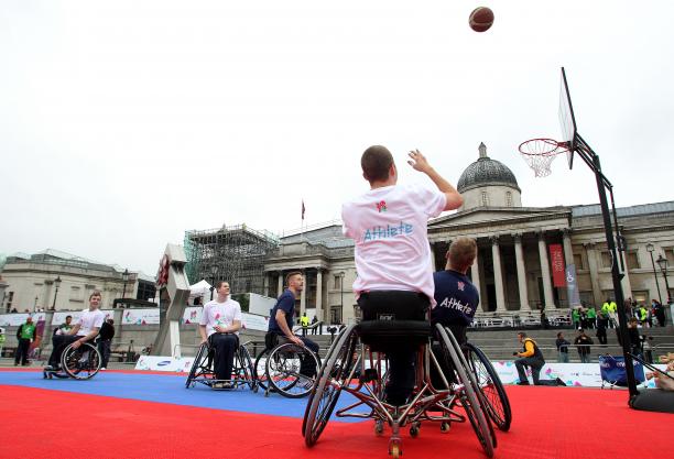 General view of Wheelchair Basketball during the International Paralympic Day at Trafalgar Square. A picture of a man in a wheelchair playing Basketball
