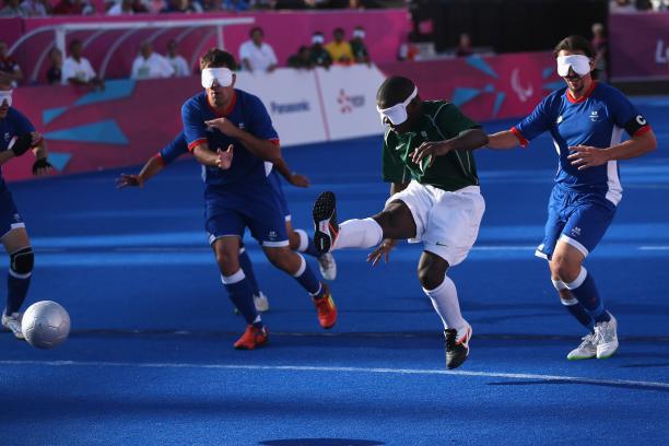 Jeferson da Conceicao Goncalves A picture of a blind person shooting the ball in a football match