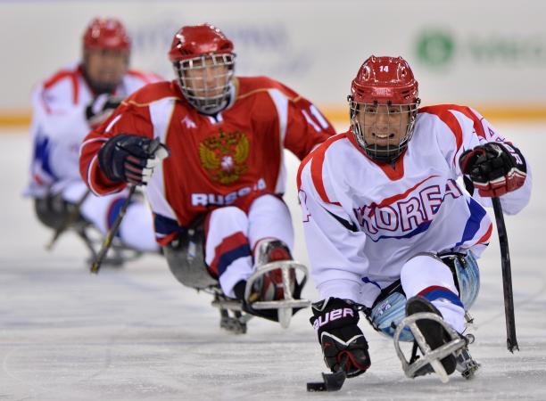 An ice sledge hockey player scoots up the ice with the puck.