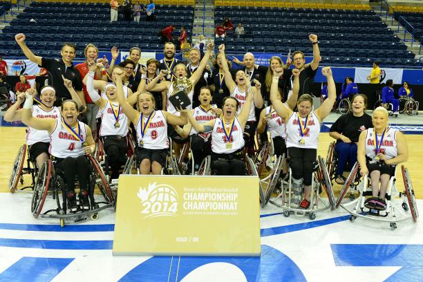 Team Canada celebrates their victory over Team Germany in the gold medal game at the 2014 Women's World Wheelchair Basketball Championships in Toronto, Canada.