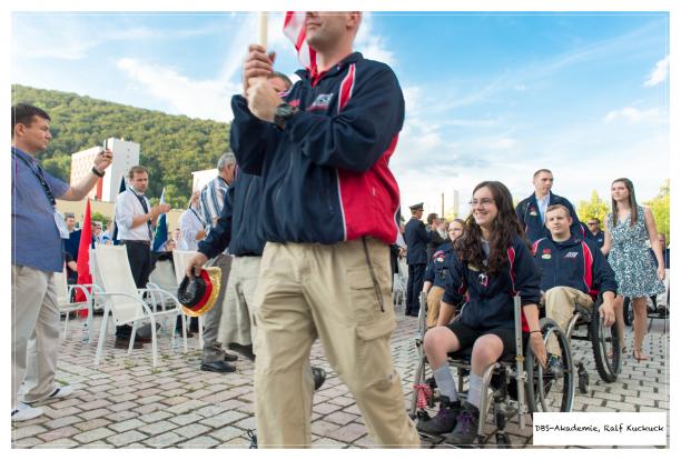 Wheelchair athlete from the USA behind the flag barer during the Opening Ceremony of the 2014 IPC Shooting World Championships Suhl, Germany