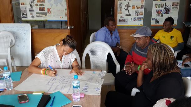OCP Solomon Islands People sitting around a table, writing on a big sheet of paper