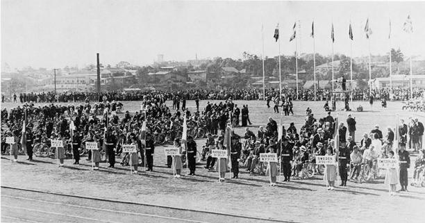 Tokyo 1964 Opening Ceremony Countries lined up in Oda Field at the Tokyo 1964 Paralympics