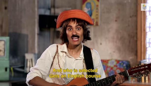 Women dressed like a man with a guitar and a moustache 