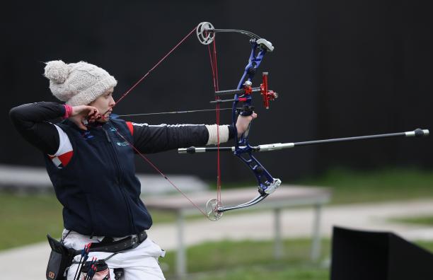 Danielle Brown of Great Britain, competes in the final of the women's individual compound during the London 2012 test event. A picture of a woman archer