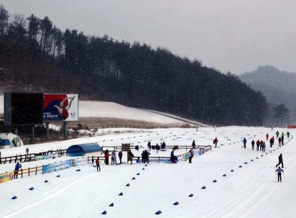 Athletes compete at the Alpensia Biathlon Centre in the Alpensia Sports Park on February 11, 2015 in the mountain cluster of Pyeongchang, South Korea.