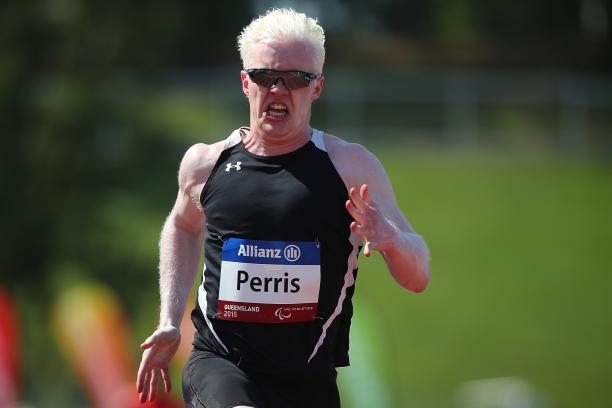 Chad Perris runs in the IPC Athletics Grand Prix Ambulant 100m heats during the Queensland Track Classic.