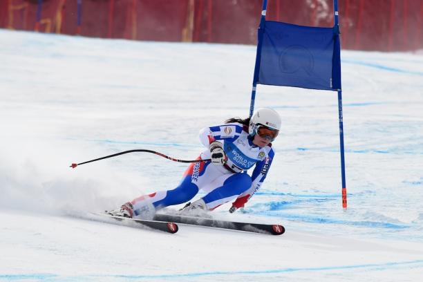 Marie Bochet super-G Panorama 2015 A female standing skier competes in super-G