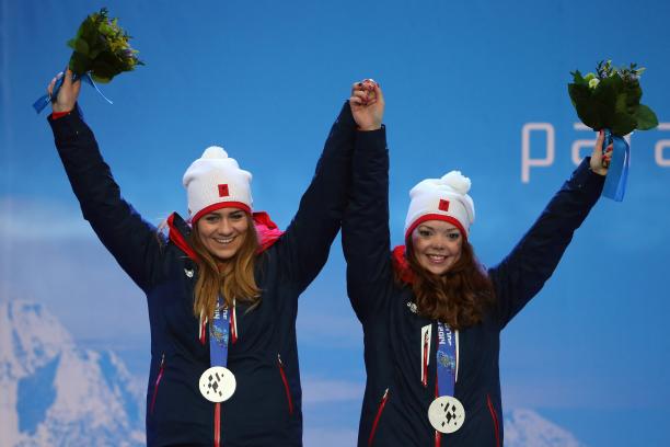 Two young women wearing ski clothes and a silver medal holding hands and waving