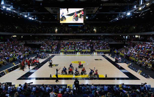 A general view of the action during the Wheelchair Rugby Bronze medal match between Denmark and Australia at the 2014 Invictus Games in London, Great Britain