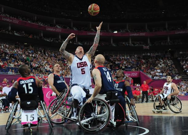 Joseph Chambers of United States reaches for the ball during the bronze medal Wheelchair Basketball match between United States and Great Britain at the London 2012 Paralympic Games