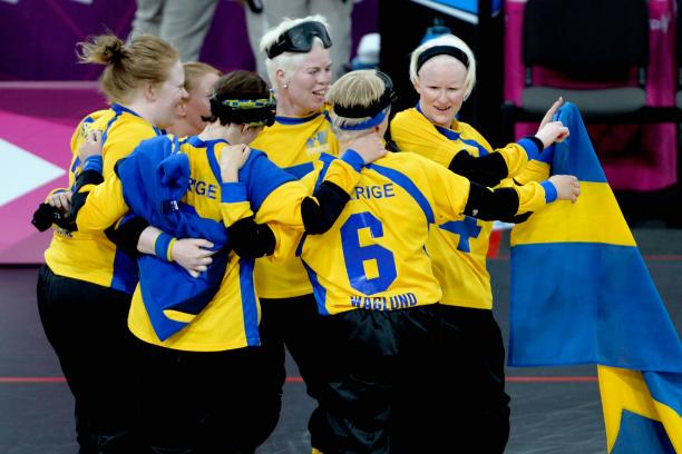 Goalball Sweden The team of Sweden celebrates after winning their Women's Team Goalball Bronze Medal match against Finland at the London 2012 Paralympic Games.
