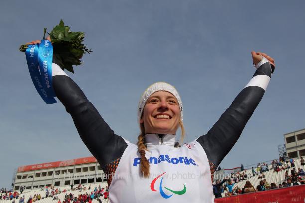 Anna Schaffelhuber, Germany celebrates her gold medal in the women's super-G 