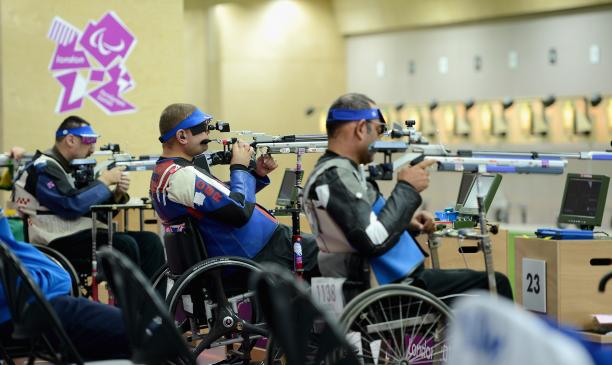 Richard Davies of Great Britain Richard Davies of Great Britain competes in the Mixed R4-10m Air Rifle Standing Shooting - SH2 qualifying at the London 2012 Paralympic Games.