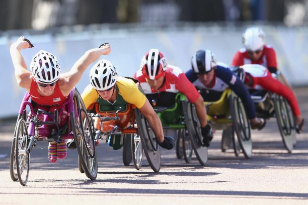 Group of wheelchair athletes at the marathon race of the London 2012 Paralympic Games