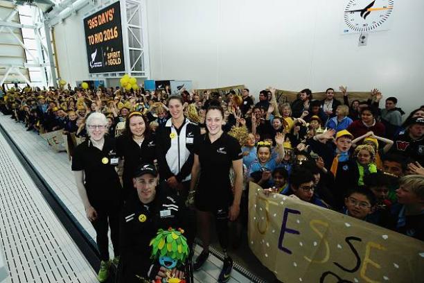 New Zealand Paralympic athletes Emma Foy, Mary Fisher, Laura Thompson, Sophie Pascoe and Michael Johnson pose for a photo during the Paralympics New Zealand Spirit of Gold campaign launch to mark '1 Year To Go' until Rio 2016 Paralympic Games