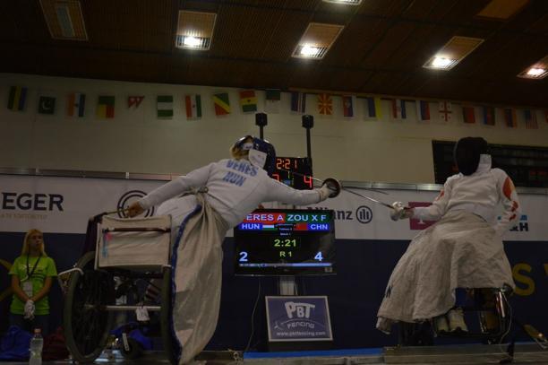 Two wheelchair fencers battle it out at the 2015 World Championships