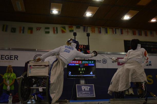 Zou wheelchair fencing Eger 2015 Two wheelchair fencers battle it out at the 2015 World Championships