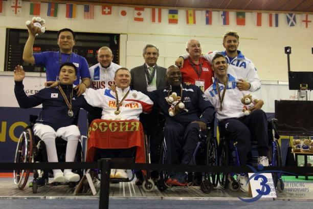 Medal ceremony at the Wheelchair Fencing World Championships in Eger Hungary.