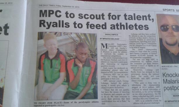 Malawi National Junior Para-Athletics Championships Newspaper article with photo showing two young boys
