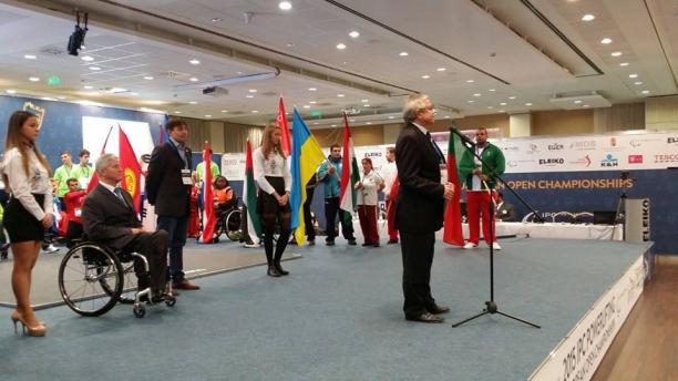 Flag bearers watch as the Mayor of Eger opens the 2015 IPC Powerlifting European Championships