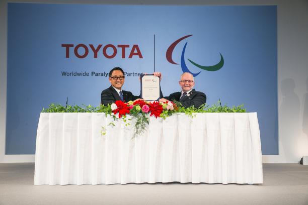 Toyota IPC signing ceremony Toyota President Akio Toyoda and International Paralympic Committee President Sir Philip Craven at the official signing ceremony for the Worldwide Paralympic Partnership in November 2015.