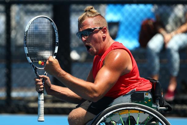 Dylan Alcott Dylan Alcott celebrates winning his quad wheelchair tennis singles match against Great Britain's Andy Lapthorne at the 2014 Australian Open.