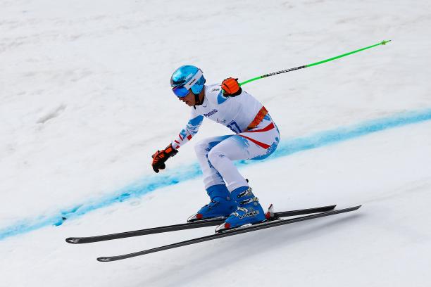 Markus Salcher at Sochi Markus Salcher goes down the slope very fast, he seems to lose control
