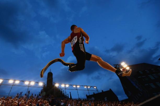 Markus Rehm of Bayer Levekusen competes in the mens long jump finale at Hauptmarkt Nuremberg during day 1 of the German Championships in Athletics on July 24, 2015 in Nuremberg, Germany.