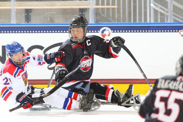 Ice sledge hockey players in action on the ice