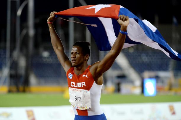 Leinier Savon Pineda of Cuba celebrating after the Men's 200M T12 in Toronto at the 2015 Parapan American Games.