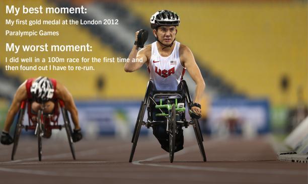 Raymond Martin - best and worst moments Wheelchar racer celebrates as he crosses a finish line.