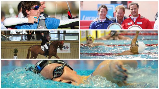 Collage of five images of athletes in action