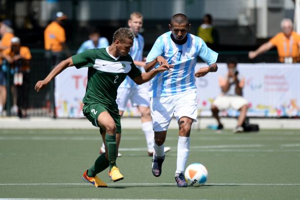 Brazil v Argentina - Football 7-a-side - Toronto 2015 Parapan American Games Jonato Santos Machado of Brazil and Pablo Molina Lopez of Argentina during the Gold Medal match at the Toronto 2015 Parapan American Games.