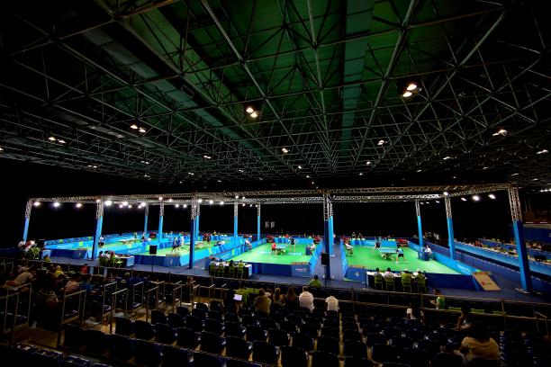 RioCentro - Pavilion 3 A look inside a venue where table tennis will be contested. On the court are four tennis tables set up.