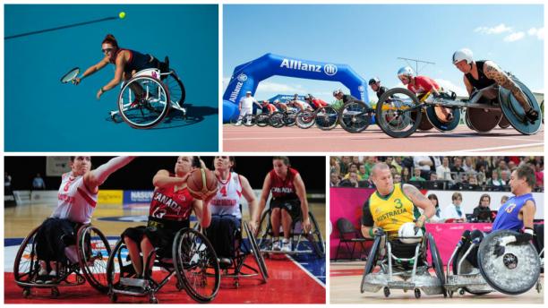 Four photos of four different sport wheelchairs in action (rugby, tennis, athletics, basketball)
