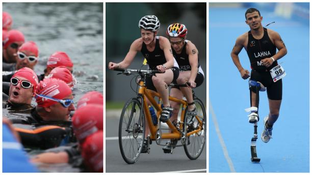 Para-triathlon collage collage of three photos, one with swimmers in open water, one with two cyclists on a tandem, one with a runner with prosthetic leg