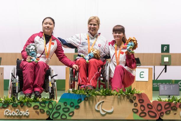 Veronika Vodovicova on the podium at the medal ceremony for the Shooting R2 Women's 10m Air Rifle Standing SH1