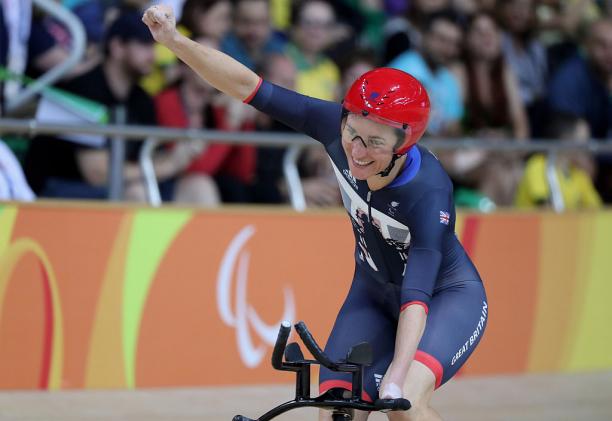 Sarah Storey of Great Britain in Rio Sarah Storey of Great Britain celebrates after the womens C5 3000m individual pursuit track cycling on day 1 of the Rio 2016 Paralympic Games