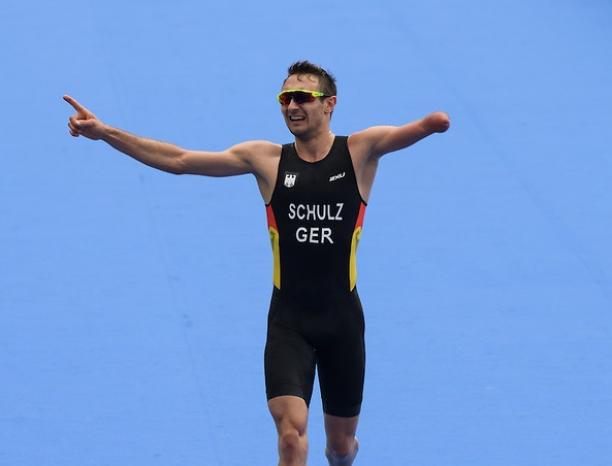 Martin Schulz Rio 2016 Martin Schulz GER approaches the finish line to win the Gold Medal in the Men's PT4 Triathlon competition.