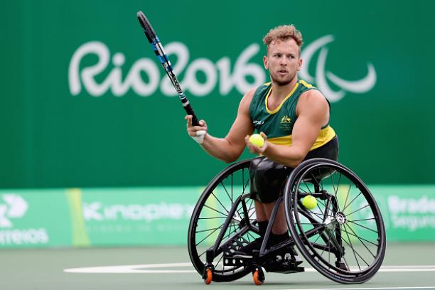 Dylan Alcott Rio 2016 Dylan Alcott of Australia plays Andy Lapthorne in men's quad singles at the Rio 2016 Paralympic Games
