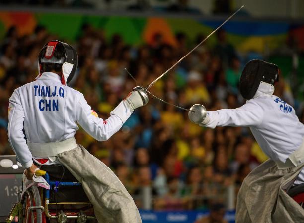 Jianquan Tian CHN (left) vs Gang Sun CHN in the Men's Individual Épée - Category A Semi-final Wheelchair Fencing in the Carioca Arena 3 at the Rio 2016 Paralympic Games.