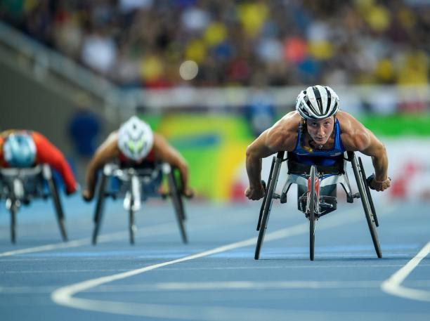 Tatyana McFadden of the USA - Rio 2016 Tatyana McFadden of the USA winning the Gold Medal in the Women's 400m - T54 Final in the Olympic Stadium. at the Rio 2016 Paralympic Games.