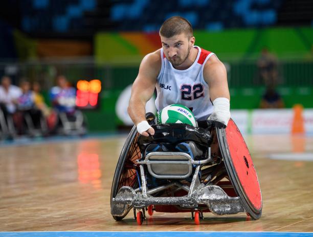 Kory Puderbaugh USA with the ball in the centre of the pitch. Mixed - Pool Phase Group B, Match 021. Wheelchair Rugby at the Rio 2016 Paralympic Games.