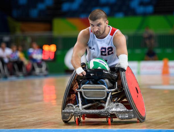 Kory Puderbaugh USA - Rio 2016 Kory Puderbaugh USA with the ball in the centre of the pitch. Mixed - Pool Phase Group B, Match 021. Wheelchair Rugby at the Rio 2016 Paralympic Games.