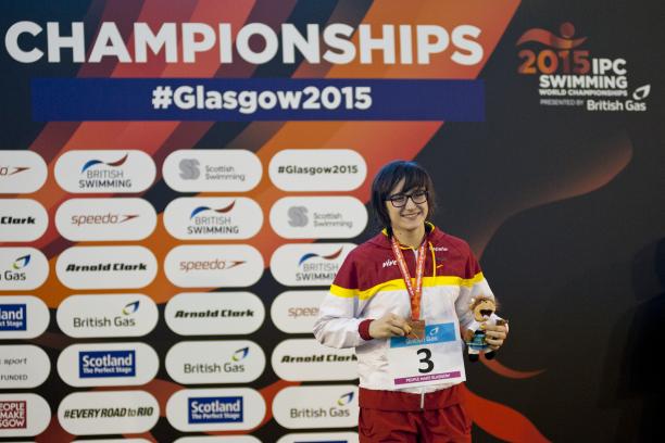Maria Delgado Nadal Maria Delgado Nadal of Spain on the podium after the women's 100m backstroke S12 at the 2015 IPC Swimming World Championships in Glasgow.