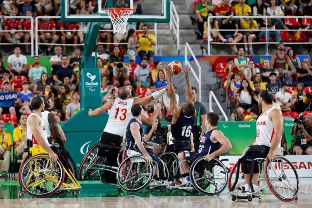 Wheelchair Basketball match between Spain and USA at the Rio 2016 Paralympic Games.