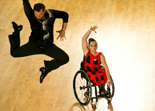 Slovakia’s Helena Kasicka and Peter Vidasic - wheelchair dance sport A woman in wheelchair dances with her stand-up partner who is jumping