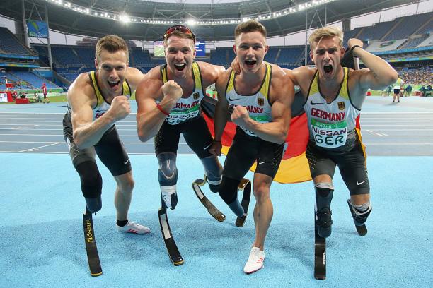 Markus Rehm, David Behre, Felix Streng and Johannes Floors of Germany - Rio 2016 Markus Rehm, David Behre, Felix Streng and Johannes Floors of Germany celebrate after winning the gold medal in the Men's 4x100m - T42-47 final at the Rio 2016 Paralympic Games.