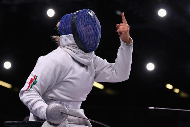 Zsuzsanna Krajnyak A picture of a Wheelchair Fencer celebrating her victory